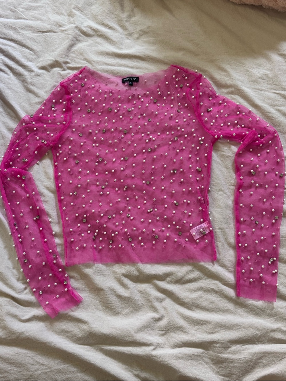 Top Chic Hot Pink Embellished Mesh Long Sleeve Top